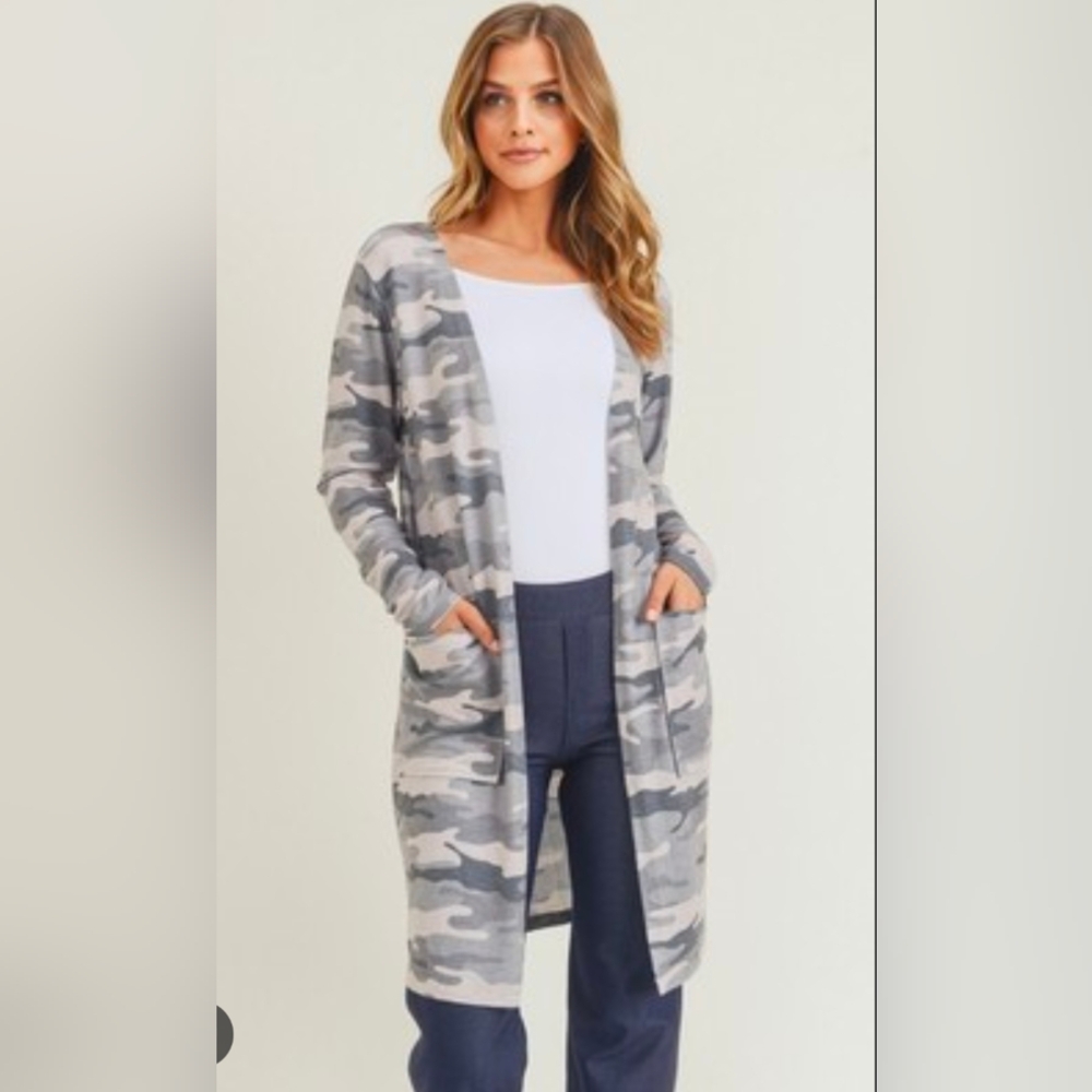 Cyrus Women's Blue Camouflage Open Front Cardigan, Large